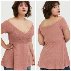 Torrid‎ Women's Textured Smocked Off - the - Shoulder  Dusty pink Babydoll Top